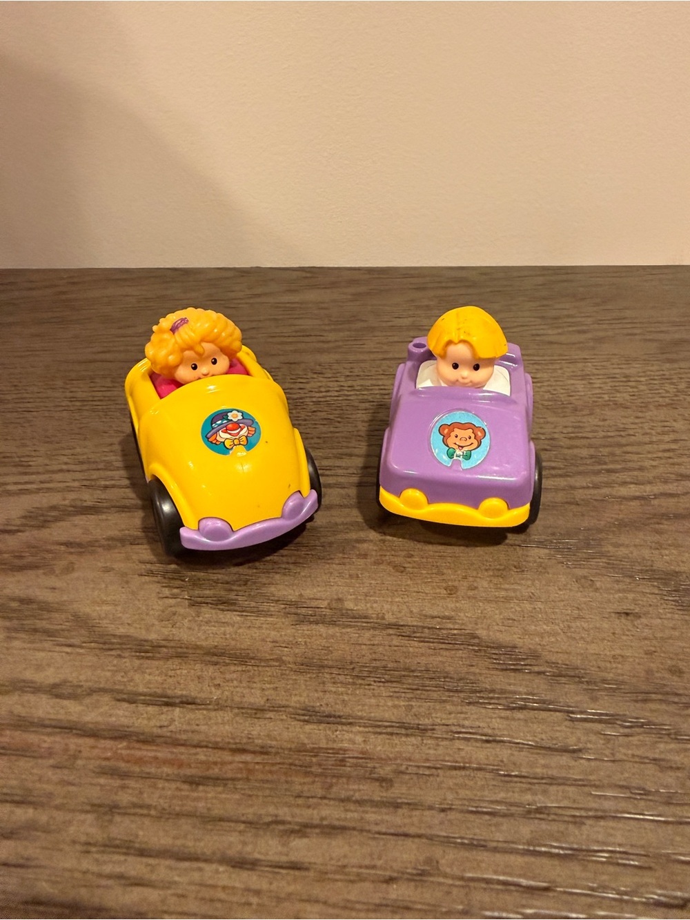 Fisher Price Little People Wheelies Lot of 2 Cars Figures Yellow Purple